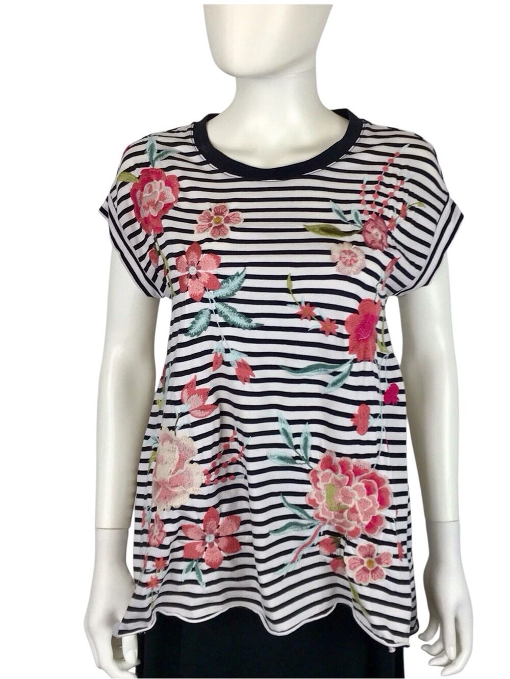 Johnny Was Pink Embroidered Floral Joya Black & White Tee Cotton Short Sleeves